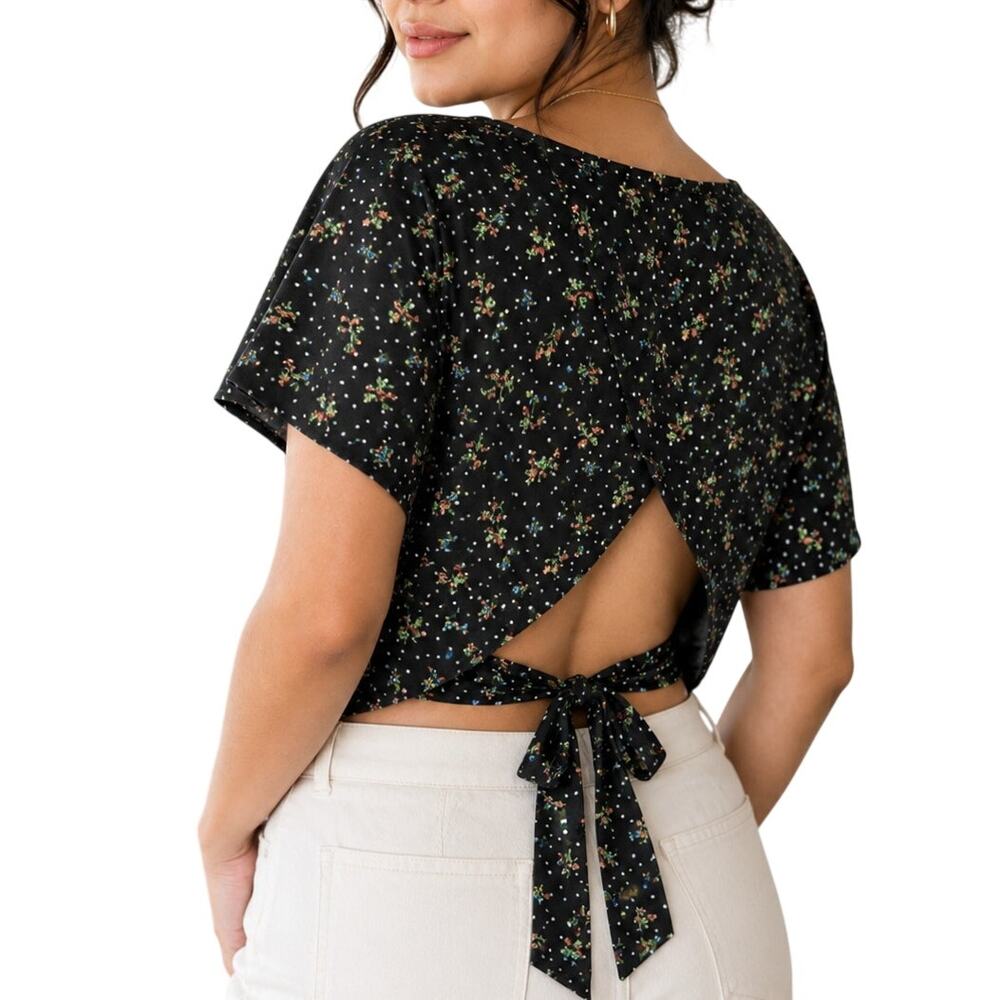 Black Floral Open Back Tie Crop Top Large Y2K Coquette